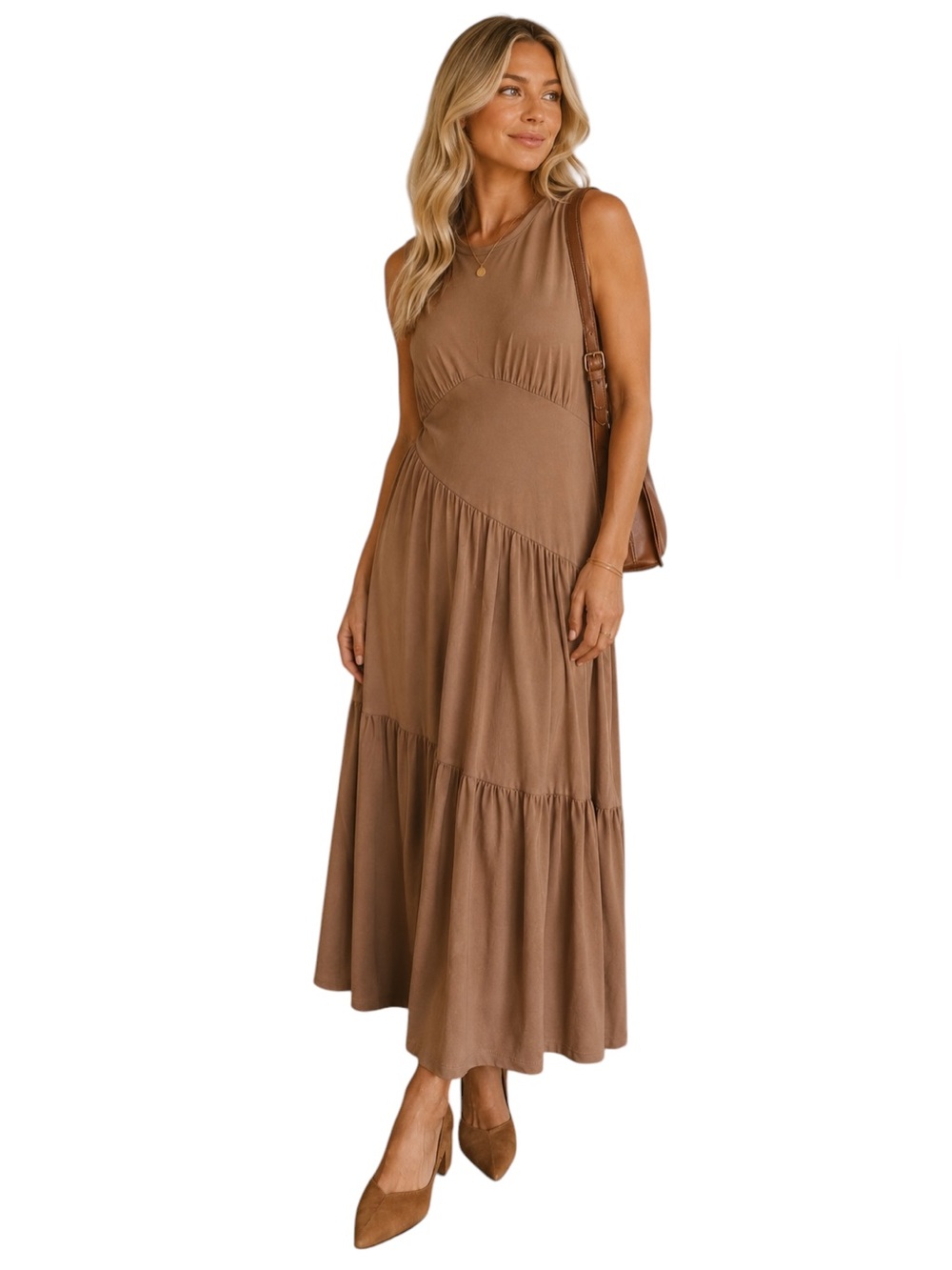 DKNY Taupe Cotton Blend Stretch Tiered Midi Dress Ruched Waist Size Medium